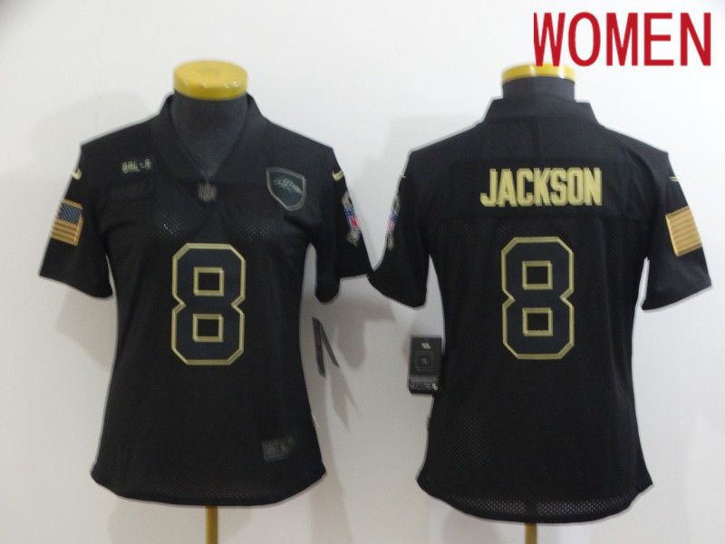Women Baltimore Ravens #8 Jackson Black Retro Gold Lettering 2020 Nike NFL Jersey->women nfl jersey->Women Jersey